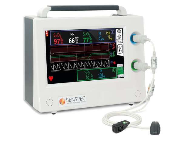 Blut- und Gewebeoxigenierung sowie vier Pulsparameter erfasst der V-Spec-Monitor von Senspec in Echtzeit.