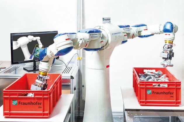 Für das Vereinzeln von Werkstücken eignet sich ein Zweiarm-Roboter, der parallele Aufgabenausführung und Taktzeiten von lediglich sechs bis sieben Sekunden pro Greifvorgang ermöglicht.