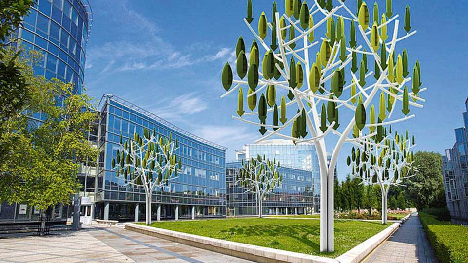 Elegante Stromernte: Mit dem Windbaum sollen sich Windenergieanlagen in urbane Stadtbilder integrieren lassen.