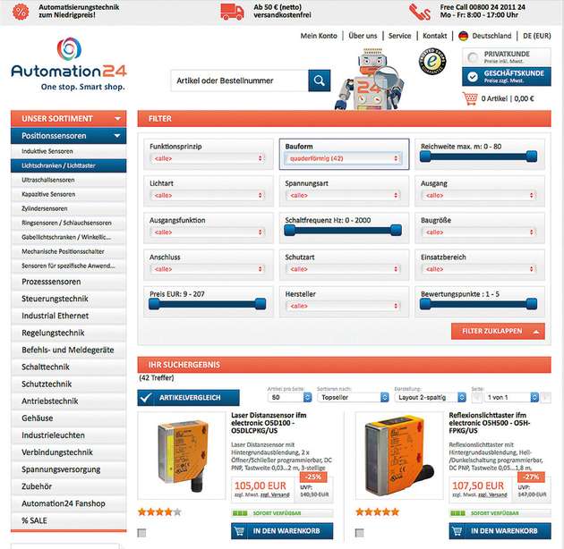 Viele Online-Shops wie Automation24 erleichtern die Produktauswahl durch eine Filterung technischer Daten. 