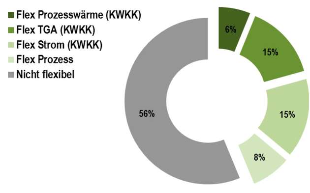 Flexibilisierungspotenzial: Bis zu 44 Prozent des Energie­bedarfes könnten mittels am Markt vorhandener technischer Alternativen flexibilisiert werden.