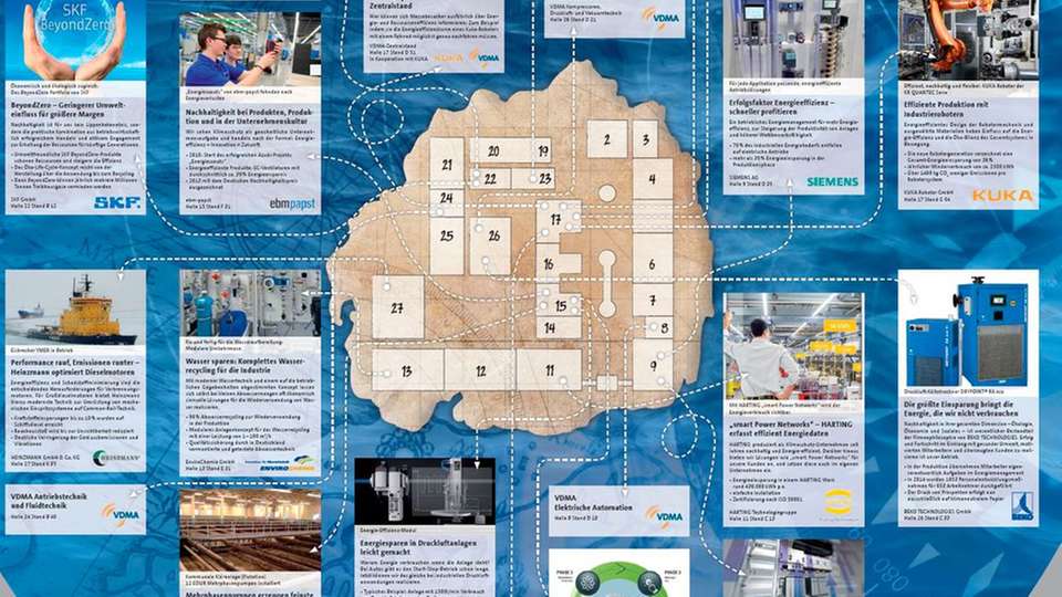 Die Blue-Competence-Schätze der Hannover Messe: Anmerkungen auf dem Hallenplan führen zu den Ausstellern, die Partner der Nachhaltigkeitsinitiative sind.