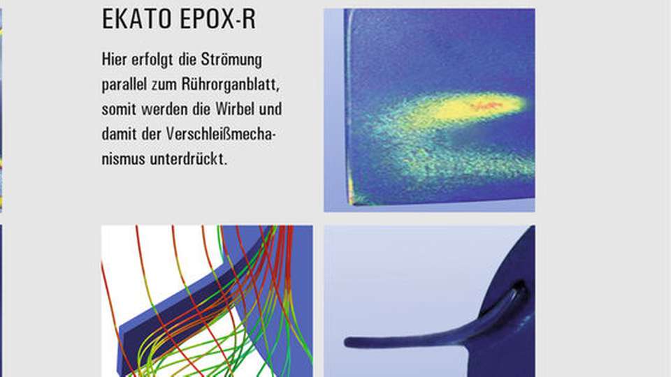 Mit Simulationen können Strömungsverhältnisse und Abrasionen an verschiedenen Rührblattgeometrien verglichen werden: links konventioneller Scheibenrührer, rechts Epox-R.