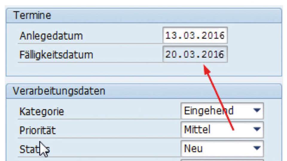 Von den Kundendaten zum Prozess: In Abhängigkeit von der Priorität wird das Fälligkeitsdatum errechnet. Möglich ist auch die Zuordnung eines Bearbeiters oder einer Gruppe.