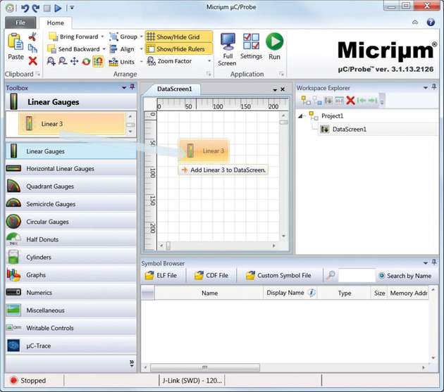 Grafische Komponenten der Toolbox von µC/Probe werden auf Datenfenster gezogen und abgelegt.