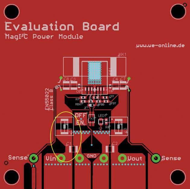 Auf dem Evaluation Board ist der Eingangsfilter, markiert mit gelbem Kreis, so nah wie möglich am Eingang des Power-Moduls platziert. Diese Anordnung ist optimal. 