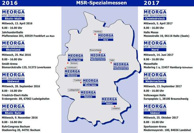 Ein Überblick über Veranstaltungsdaten und -orte der Meorga-Spezialmessen 2016 und 2017.