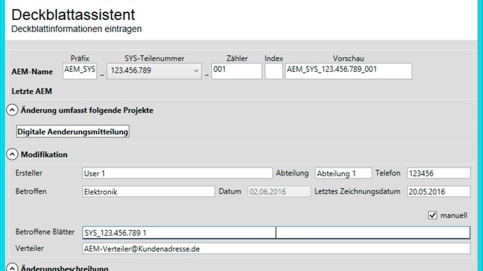 Assistent zum Ausfüllen der administrativen Informationen in einer Änderungsmitteilung.