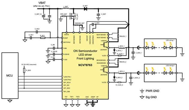 Der Treiber von ON Semiconductor mit zwei Ausgängen für Autoscheinwerfer kann zwei LED-Strings bei bis zu 60 V ansteuern.