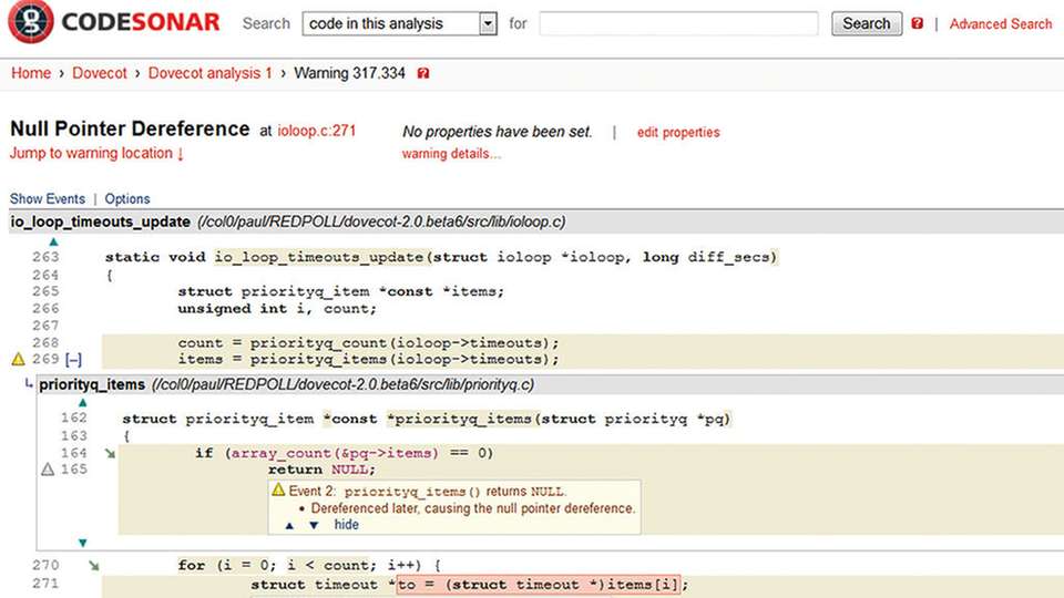 Eine Nullzeiger-Dereferenzierungs-Warnung eines hochentwickelten statischen Analysetools zeigt den Pfad durch den Code, den der Fehler gehen muss, um auszulösen.

