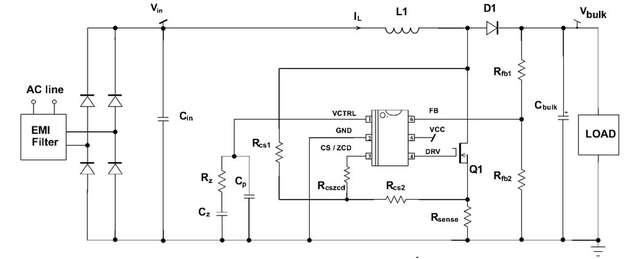 Schaltbild des Power Factor Controllers NCP1602. Er sorgt dort, wo er eingesetzt wird, für geringen Stand-by-Verbrauch.