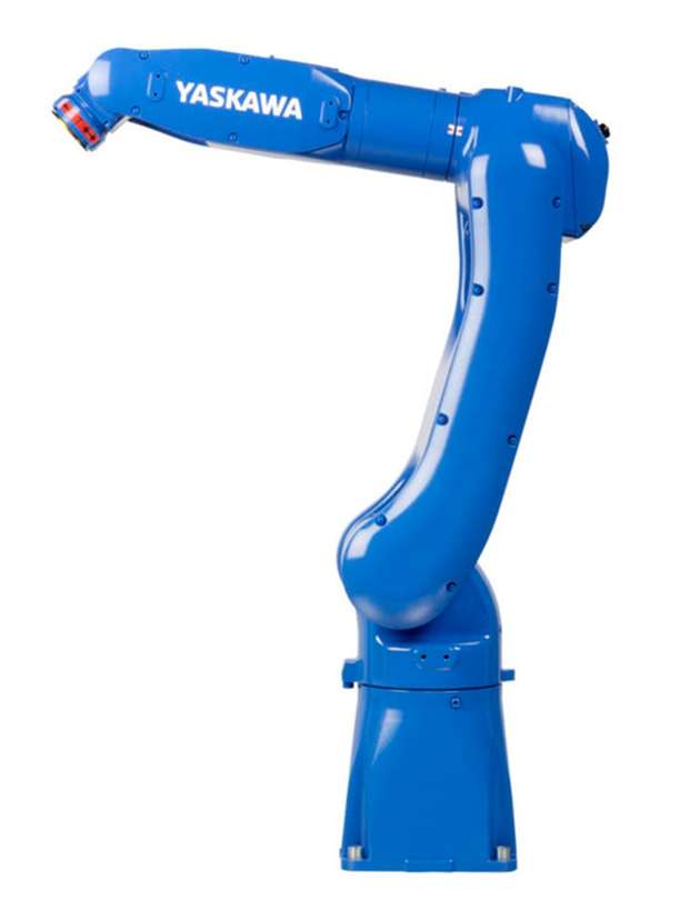 Der MOTOMAN GP7: Der verlängerte Arm erlaubt das Handling von bis zu 7kg (inkl. Greifer) in einem Arbeitsbereich von bis zu 927mm.  Durch das schlanke, kurvige Design kann er tief in den Arbeitsbereich eintauchen.