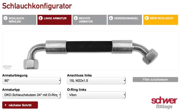 Screenshot aus dem 4-Schritte-Schlauchkonfigurator von Schwer Fittings.