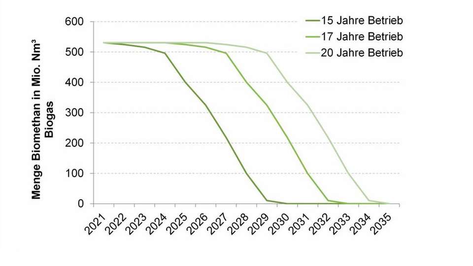 Mögliche Entwicklung: Jährliche Biomethaneinspeisung basierend auf einer Fortschreibung der Einspeisemengen der bestehenden Aufbereitungsanlagen. Vereinfacht wurde angenommen, dass 2015 nur die bereits geplanten und danach keine neuen Anlagen zugebaut werden.