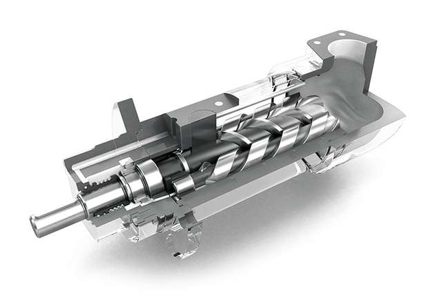 Die Schraubenspindeln bilden mit dem Gehäuse Förderkammern, in denen das Medium druckstabil und ohne große Pulsation transportiert wird.