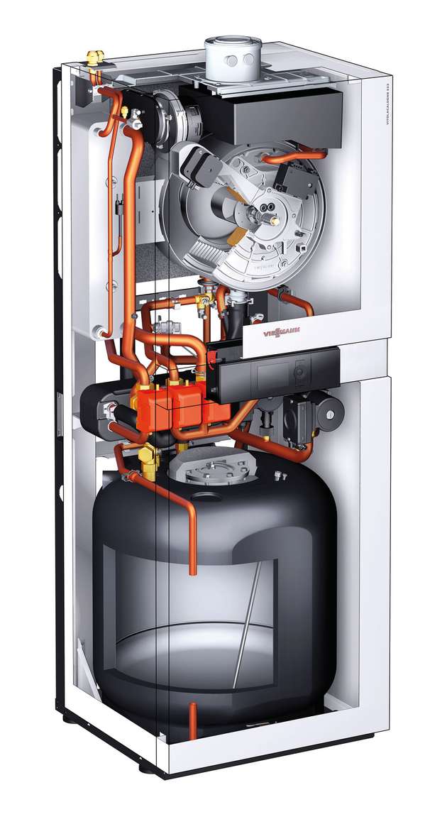 Auf kleinstem Raum: In der Inneneinheit des Kompaktgeräts sind Öl-Brennwertkessel, Wärmetauscher, Speicher und Hydraulik untergebracht.