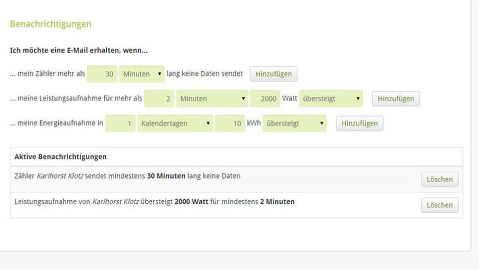 Alarm: Erreicht der Verbrauch bestimmte konfigurierbare Schwellwerte, kann Discovergy E-Mails mit entsprechenden Hinweisen schicken. Die Voreinstellung 2 kW für die Leistung ist recht niedrig, da diese Grenze im Alltag schon beim Zuschalten üblicher Haushaltsgeräte (Herd, Spül- oder Waschmaschine) leicht überschritten wird. 