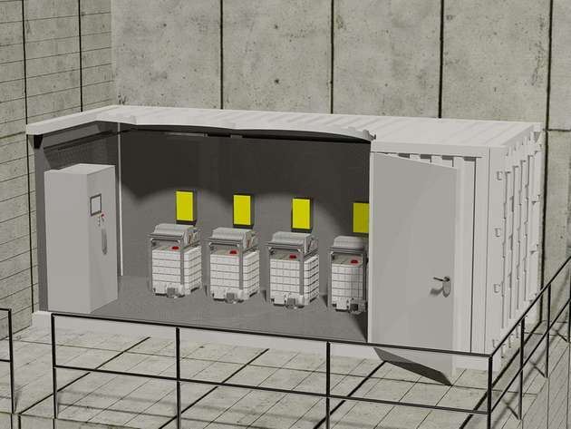 Konzeptstudie zum geplanten Redox-Flow-Batteriespeicher: Aufstellung in Containerbauweise in der Fertigungshalle des Projektpartners Technoboxx in Bottrop.