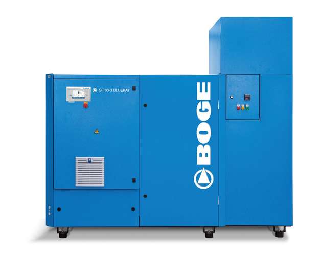 Der Schraubenkompressor S 60-3 Bluekat ist frequenzgeregelt und eignet sich für schwankenden Druckluftbedarf. Ein integrierter Converter ermöglicht ölfreie Druckluft der Klasse 0.