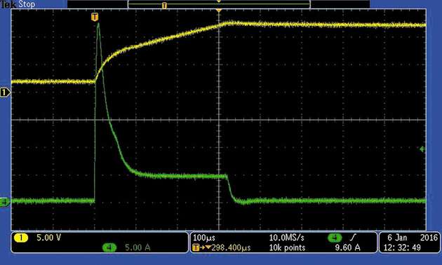 Bei einem 12 VDC-Bus mit einer Kapazität von 20 µF für Keramik und 180µF für Aluminium-Polymer führt das Anschalten der Elektronik zu einem Eingangsstrom von bis zu 33 A.