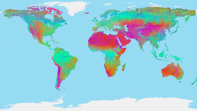 Abgebildet ist der globale Timescan-Landsat-2015-Datensatz, dargestellt als Falschfarbenkomposit aus temporalem Mittelwert des Bebauungsindex (rot), des Vegetationsindex (grün) und des Wasserindex (blau).