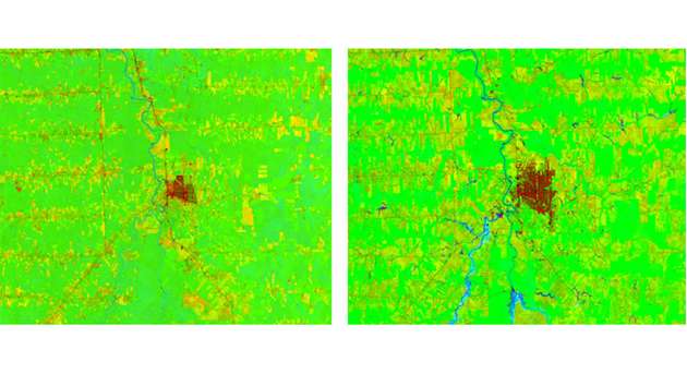 Das Bild zeigt die Region um die Stadt Ariquemes, Brasilien, abgeleitet für die Jahre 1985 (links) und 2015 (rechts). Aus dem Vergleich der beiden Falschfarbenkomposite mit dem temporalen Maximum des Bebauungsindex (rot), dem Vegetationsindex (grün) und dem temporalen Mittelwert des Wasserindex (blau) geht hervor, wie sich die Siedlung (rot), aber auch die landwirtschaftliche Fläche (gelb und orange) im Laufe der Jahre weit in die vegatationsreiche Umgebung (grün) ausgedehnt haben.