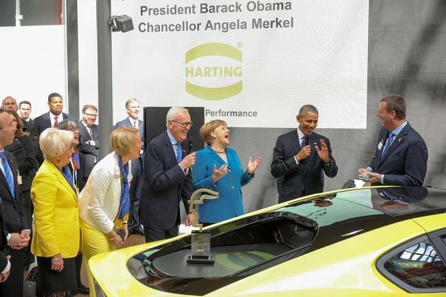 Ein Highlight für Harting war der Besuch von Bundeskanzlerin Angela Merkel und Ex-US-Präsident Barack Obama auf der Hannover Messe 2016.