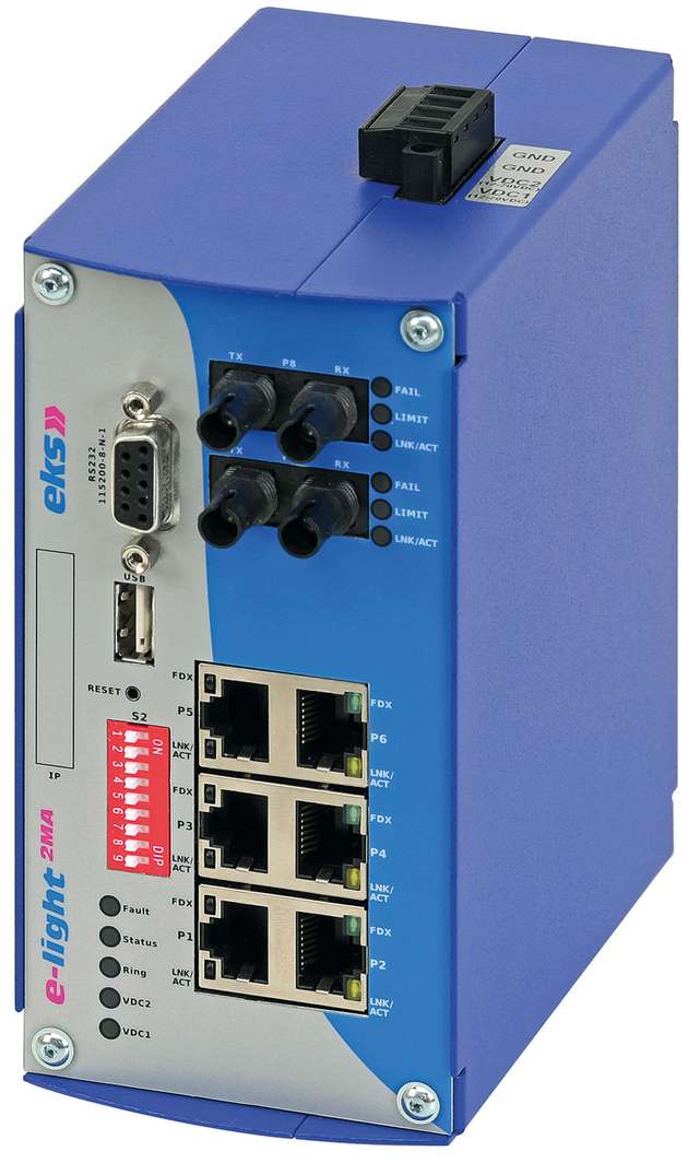 Der Industrial Ethernet-Switch e-light 2MA unterstützt die BiDi-Technik und erfüllt die Anforderungen der Profinet-Konformitätsklasse B.