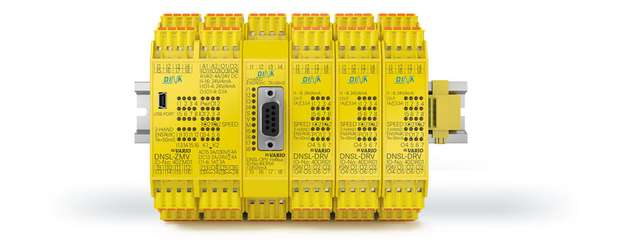 Das Zentralmodul (DNSL-ZMV, links) kann beispielsweise um ein Feldbusmodul (DNSL-DPV, Mitte) und Drehzahlüberwachungsmodule (DNSL-DRV, rechts) erweitert werden. 
