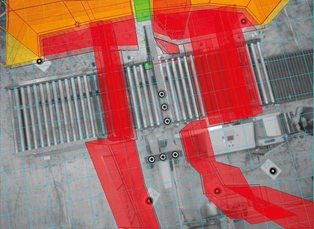 Ausgehend von der Kameraeinheit an der Hallendecke erzeugt SafetyEYE einen pyramidenförmigen Schutzschirm, innerhalb dessen sich beliebige Schutz- (rot) und Warnräume (gelb) frei definieren lassen. Grün zeigt einen ausgenommenen Bereich.