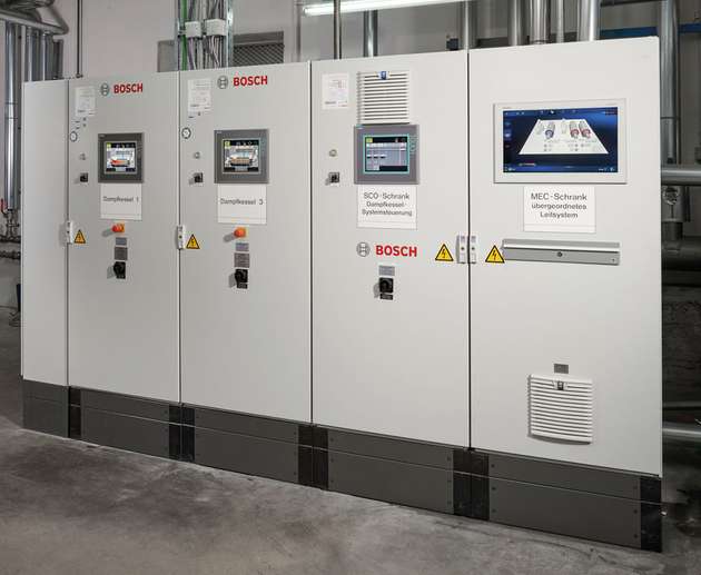 Die Bosch Anlagensteuerung umfasst die Steuerungen der einzelnen Kessel und deren Sicherheitsketten, die Folgesteuerung und die Wasseraufbereitung der Mehrkesselanlage, das übergeordnete Leitsystem zur Visualisierung, Aufzeichnung und Auswertung der Betriebsdaten sowie eine Schnittstelle für Direktmeldungen an den technischen Leiter.
