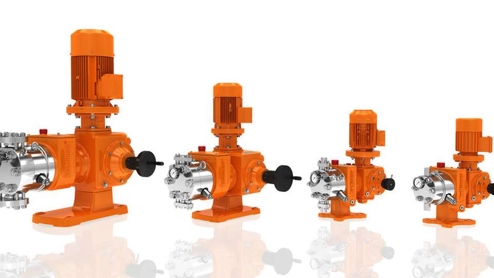 Hydraulik-Membrandosierpumpenfamilie Orlita Evolution mit hydraulisch ausgelenkter Mehrschichtmembran.