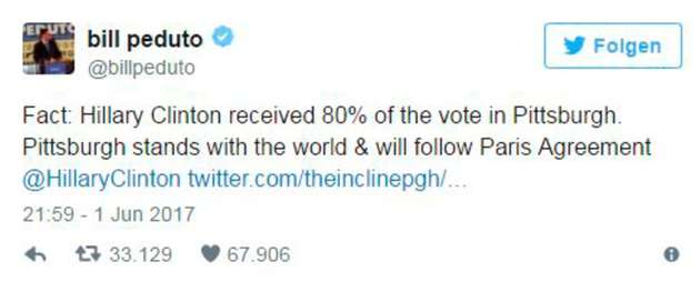 Außerdem twittert er, Pittsburgh habe mit 80 Prozent für Hillary Clinton gestimmt.