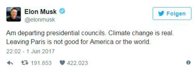 Elon Musk steht nicht mehr dem Beraterteam von Trump zur Verfügung. Er kritisiert den Klimaschutzausstieg via Twitter: „Der Klimawechsel ist real. Das Pariser Abkommen zu verlassen, ist weder gut für Amerika noch für die Welt.“