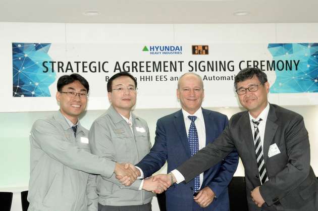 Von links: Kim Dongkee (Leiter für Automatisierungslösungen, HHI-Electro Electric Systems), Choi Byeonghan (Geschäftsführer, HHI-Electro Electric Systems), Peter Gucher (General Manager, B&R) und Lee Yniong (Geschäftsführer, B&R Korea) unterzeichneten ein strategisches Partnerschaftsabkommen.