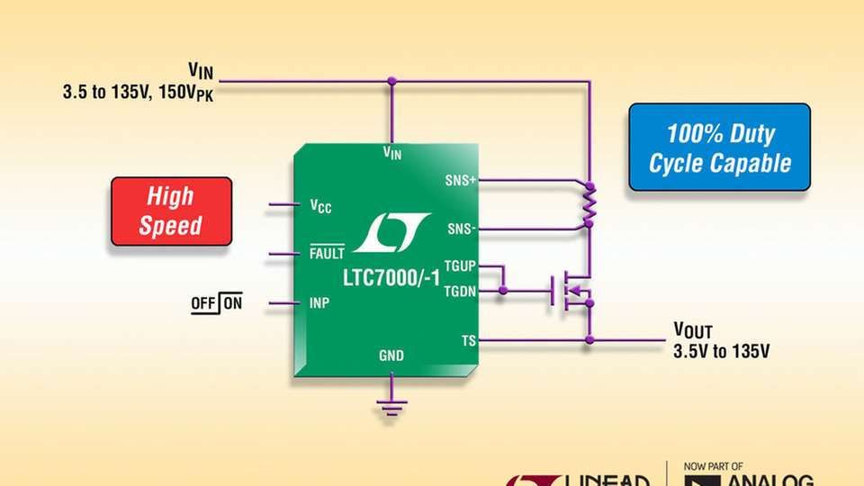 Der leistungsfähig 1Ω-Gate-Treiber im LTC7000/-1 will MOSFETs mit großer Gate-Kapazität steilflankig ansteuern. Der Chip eignet sich dadurch ideal sowohl für Hochfrequenz- als auch statische Schaltanwendungen. 