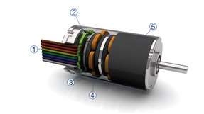 Die wichtigsten Komponenten des BGA 22 sind das Kabel (1), der Hall-PCB (2), die Magnetscheiben (3), Wicklungsscheiben (4) und das Gehäuse (5).