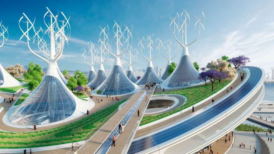 Integrierte Solarzellen und ein Windpark auf dem Rücken des „Mantarochen“ versorgen das Fährterminal mit regenerativem Strom.