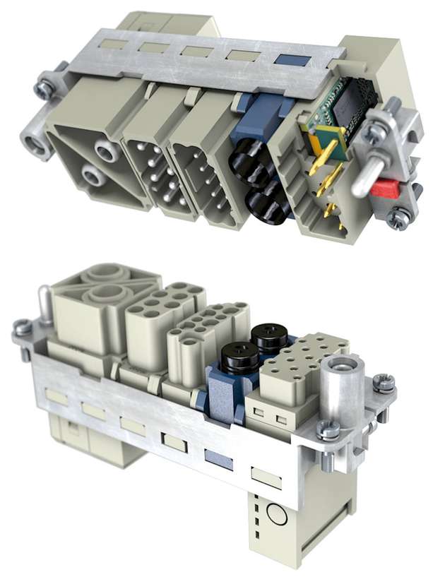 Modulare Steckverbinder machen Maschinen und Anlagen fexibler für Umrüstung und Erweiterung.  Das Han-ID-Modul (rechts oben im Bild) ist zu Demonstrationszwecken „aufgeschnitten“: Die Darstellung zeigt, wie die kleine Speichereinheit in dem Isolierkörper gelagert ist.