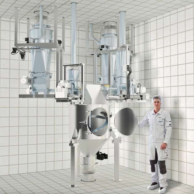 Der Kontinuierlich-Mischer von Amixon mit vier gravimetrisch arbeitenden Dosiersystemen. Der Mischer ruht auf Wägezellen; Einfüllstutzen und Austragsstutzen sind mit flexiblen Manschetten versehen.