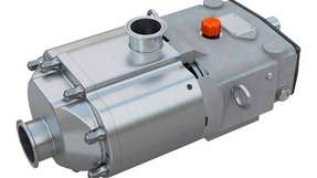 Schraubspindelpumpe im Hygienic Design Lagergehäuse, Pumpenwelle, Körper und Deckel der Pumpe sind aus Edelstahl gefertigt, was unter anderem die Reinigung erleichtern soll.