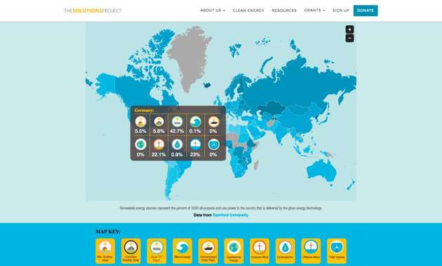 Eine interaktive Karte zeigt den Energiemix der Zukunft für Länder weltweit.