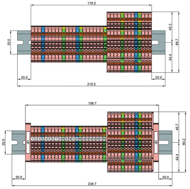 Oben: Klemmenleiste nach elektrischen Funktionen aufgebaut. Unten: Klemmenleiste durch den Weidmüller Configurator mit passendem Zubehör komplettiert.