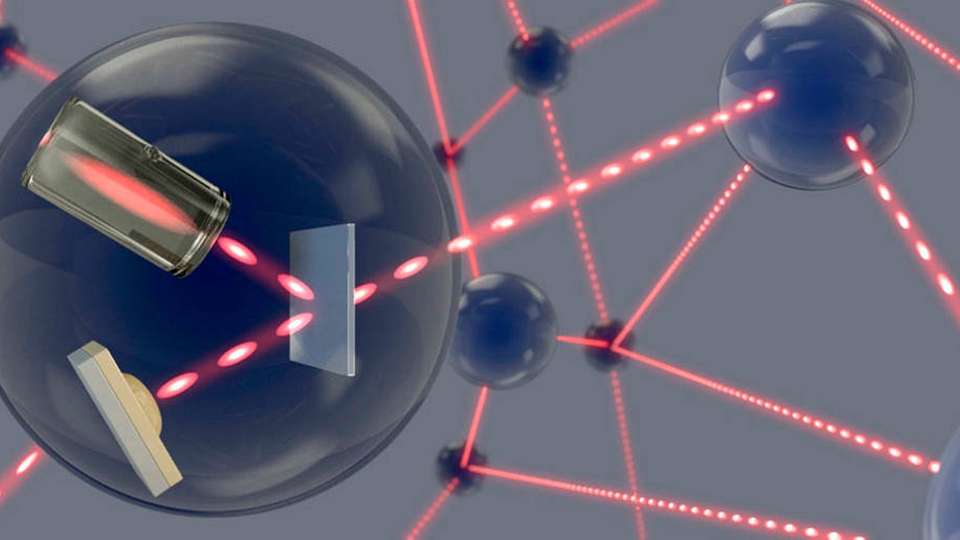 In einem Quantennetzwerk übermitteln einzelne Photonen Quanteninformation zwischen den Netzwerkknoten, wo sie in einem atomaren Gas gespeichert werden.