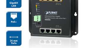 Der PoE+ Gigabit Switch WGS-804 von Spectra ist nur 24 mm dünn und lässt sich flach an der Wand oder auf der DIN-Schiene montieren.