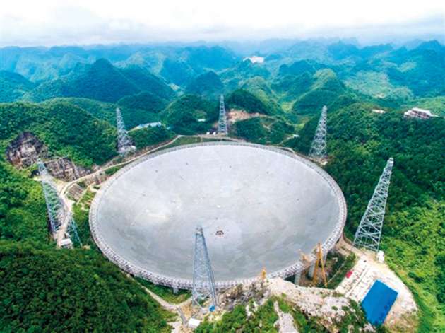 Das Radioteleskop FAST im Kreis Pingtang in Chinas südwestlicher Provinz Guizhou hat mit 520 Metern Durchmesser den Hauptspiegel mit der weltweit größten Fläche.