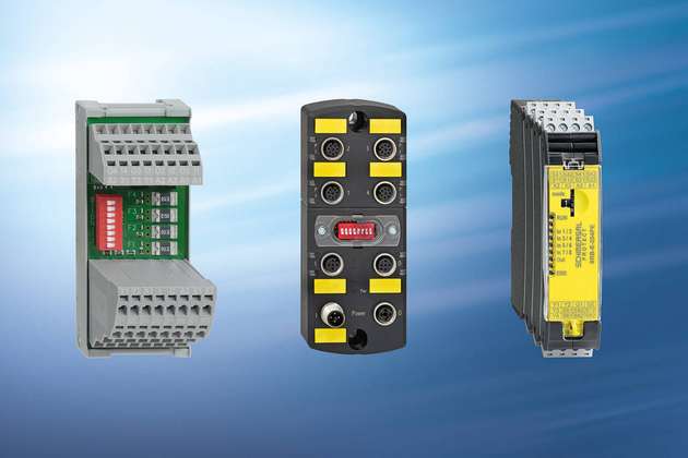 Die Schmersal-Safety-Installationssysteme im Überblick von links nach rechts: das passive Verteilermodul PDM, die passive Feldbox PFB und die aktive Eingangserweiterung SRB-E.