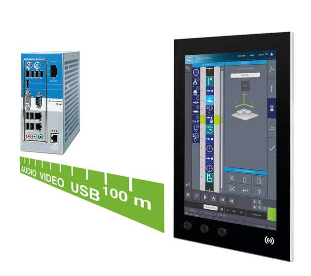 Mit der HMI-Link-Technologie von Sigmatek können DVI-, Audio- und USB-Signale verlustfrei bis zu 100 m mit lediglich einem Standard Cat-5e- bzw Cat-6-Kabel übertragen werden - ohne zusätzlichen Switch oder Router. 