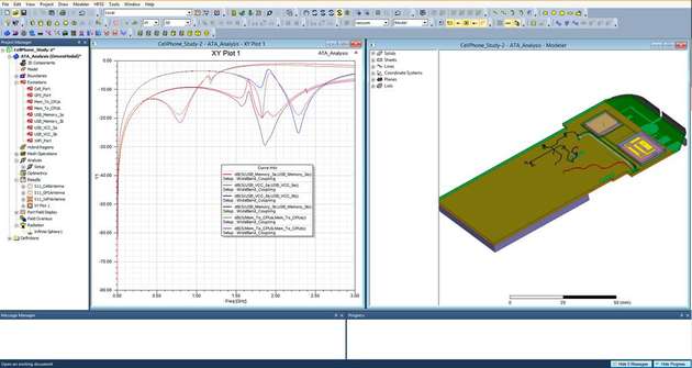 Simulation eines Smartphones in Ansys HFSS. Links ist die Kopplung zwischen Antennen und Komponenten über das gesamte Frequenzspektrum und rechts die zugehörige 3D-Geometrie dargestellt.