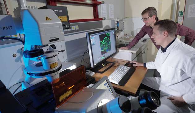 Dr. Thomas Schneider (vorn) und Prof. Dr. Michael Glei von der Uni Jena wollen die toxikologischen Eigenschaften von Nanopartikeln an Zellkulturen untersuchen, so wie hier am Laserscanning-Mikroskop.